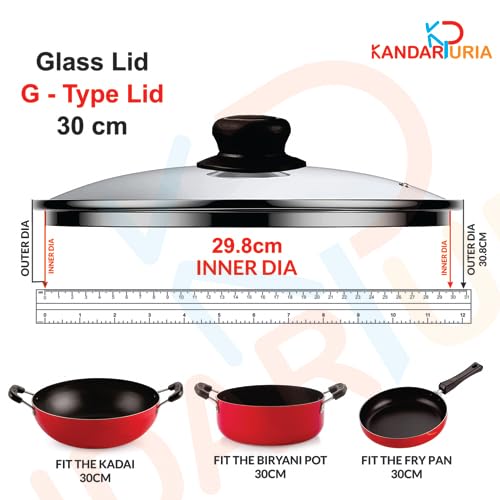 Image of Kandaruria Glass Lid, Toughened Glass with Steam Vent, Stainless Steel Rim, Compatible fit with Kadai, Biryani Pot, Fry Pan, all G Type cookware (30cm)