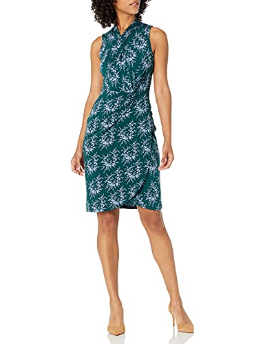 Lark & Ro Women's Sleeveless Crossover Twist Neck Faux Wrap Dress, Emerald/Pale Blue Delicate Floral, 4