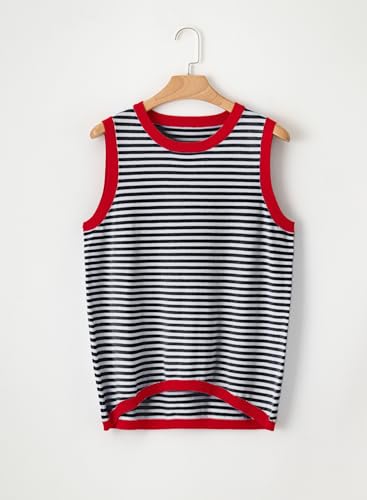 Image of Dokotoo Womens Summer Tops 2026 Casual Striped Color Block High Neck Tank Top Loose Knit High Low Sleeveless Shirts Blouses