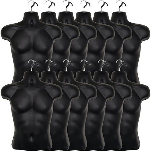 DisplayTown 6 Pack Black Male Mannequin Hollow Back Body Torso Dress Form w/ Clothes Clips and Hanging Hooks, S-M Sizes