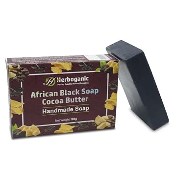 HERBOGANIC African Black Soap with Cocoa Butter Handmade Soap - Natural, Moisturizing Soap Bar for Soft and Smooth Skin with a Spa-Like Experience Pack of 1 100g