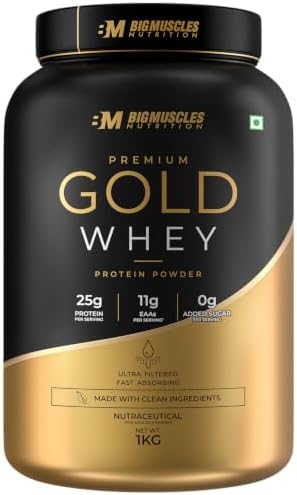 Bigmuscles Nutrition Premium Gold Whey [1Kilogram] | Informed Choice UK Certified | Isolate Whey Protein Blend | 25G Protein | 11G EAA | Prohydrolase Enzyme Technology [Cookie & Cream], 37 Grams