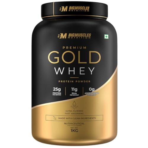 Bigmuscles Nutrition Premium Gold Whey [1Kg] | Informed Choice UK Certified | Isolate Whey Protein Blend | 25g Protein | 11g EAA | ProHydrolase Enzyme Technology [Rich Chocolate]