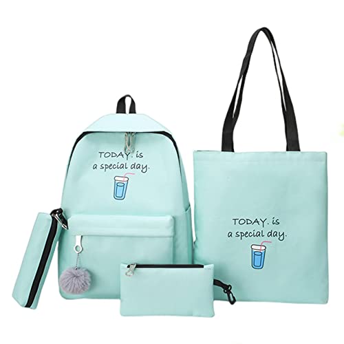 RCESSD Schulrucksack Einfache Print Mädchen Schulrucksack Set, Teenager Mädchen Schultasche Mit Umhängetasche, 4-Teiliges Set-Green