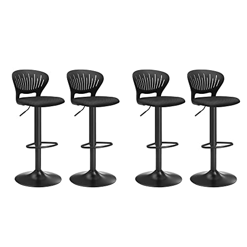 SONGMICS Tabouret Bar, Lot de 4, Chaise Bar, Chaise Haute Cuisine, Siège, Réglable en Hauteur, avec Dossier Incurvé, Assise Rembourrée, Repose-Pieds, Toile Respirant, Pivotant à 360°, Noir LJB04BK-4
