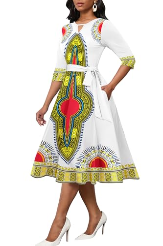 Image of CLOCOR Midi Dresses for Women Casual A-Line Fit and Flare Dress Crewneck 3 /4 Sleeve Keyhole Cocktail Party Church Dress