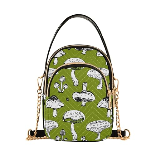 White Mushrooms Olive Green Women Shoulder Handbag Cartoon Phone Wallet Chain Strap Purse Quilted Ladies Tote Crossbody Satchel