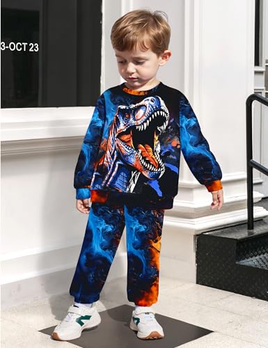 Image of Boys Clothes, T-Rex Print Dinosaur Boy Clothes Fall Winter Outfits Long-sleeved Hooded Sweatshirt Pants 2Pcs Set