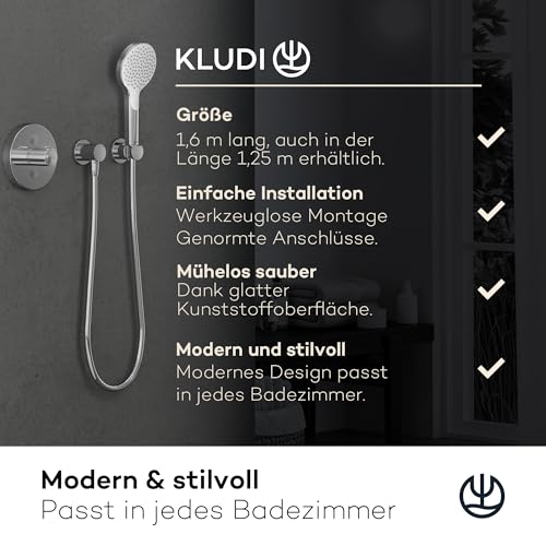 KLUDI-X3 Universal Duschschlauch 1,60 m aus reinigungsfreundlichem Kunststoff, flexibler Brauseschlauch mit doppeltem Verdrehschutz, knickfest, Standard Anschluss, Chrom