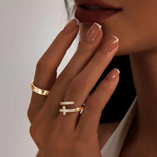 My Queen Gold Ring Sets for Women Non Tarnish 14k Gold Plated Dainty Love Cubic Zirconia Cross Rings Stackable Promise Ring Wedding Band Jewelry Gifts3