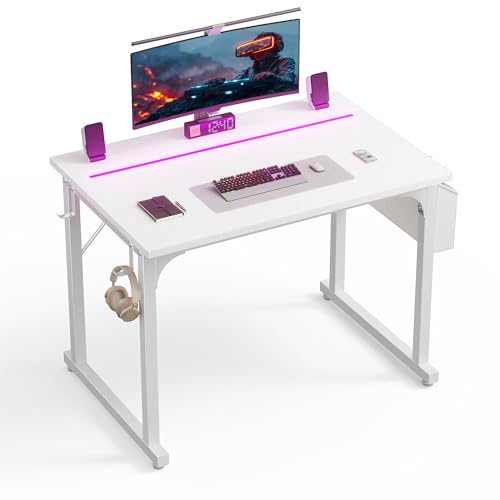 Image of DurayLoly 32 inch Computer Desk with Waterproof LED Lights,Bedroom Study Desk for Teens, Dorm Room Essentials,Headphone Hook&Storage Bag for Small Spaces,Sturdy Metal Frame,White