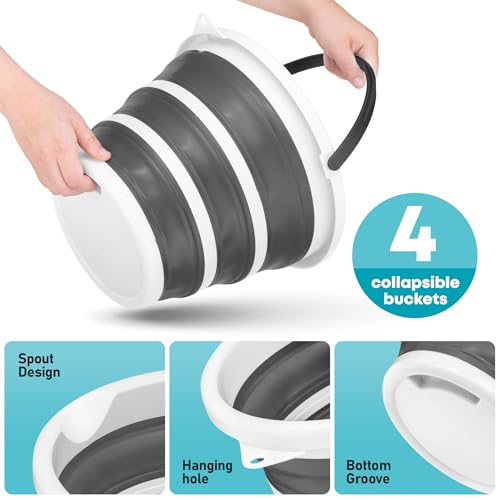 Image of Superio Collapsible Bucket 2 Gallon Bucket with Handle Grey Car Wash Bucket Small Foldable Silicone Pail for Camping, Fishing, Cleaning, Mopping, 10 Liter, 4