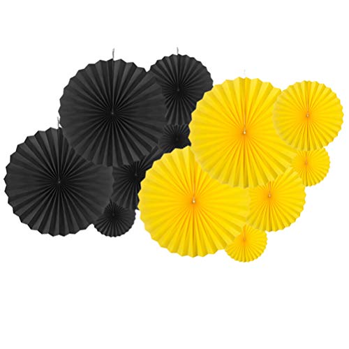 Image of MOWO Black Yellow Paper Fans Hanging Decoration, 12pc | Bee Honey Baby Shower Gender Revealbirthday graduation wedding retirement baby shower new year party decoration