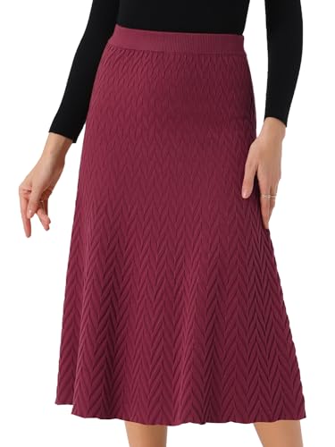 Seta T Women's Ribbed Knit A-Line Skirts Elastic High Waist Stretchy Sweater Midi Skirt Small Wine Red