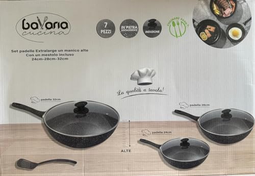 bavaria Set padelle antiaderenti Pietra 7 Pezzi 3 padelle+3 coperchi in Vetro 1 mestolo misure 24-28-32
