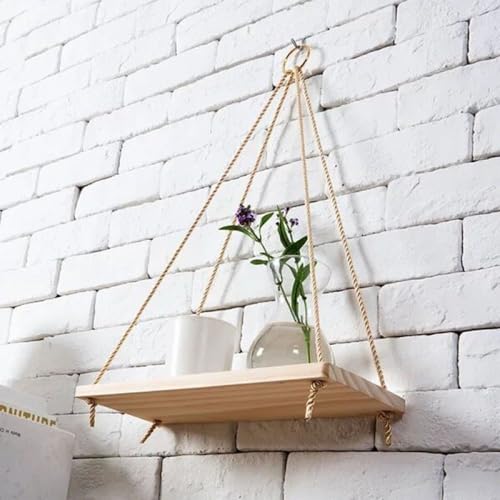 Repisa de Madera Colgante - Repisa de Pared Rústica de Pino Macizo con Cuerdas de Yute Ajustable para Plantas Suculentas Libros Decoraciones Almacenamiento de Pared para Sala Dormitorio Baño Cocina