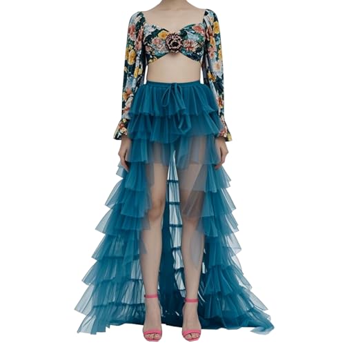 WDPL Women's Long High Waist Pleated Layers Bubble Ruffles Party Tulle Skirt