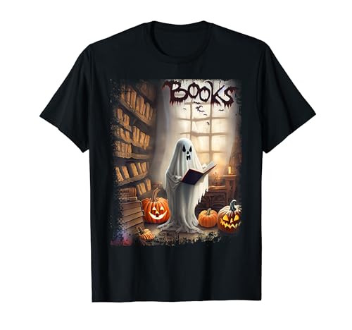 Vintage Ghost Book Reading Librarian Halloween Teachers T-Shirt