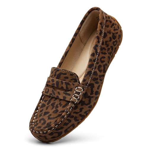 KORDAL Women's Comfortable & Lightweight Leopard Print Suede Leather Penny Loafers Slip-Ons Cute Business Casual Dress Shoes Work Office Flats Everyday Walking Shoes Driving Mocs for Women 8 M US