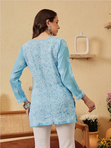 Image of Ada Women's Georgette Regular Fit Chikankari Hand Embroidered Lucknow Short Kurti Top A911224