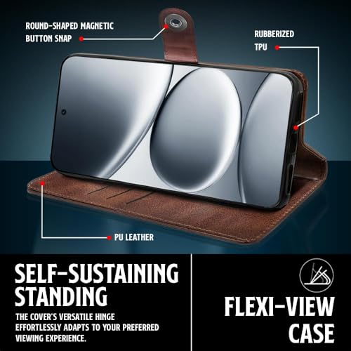 Image of WOW IMAGINE Shock Proof Flip Cover Back Case for Redmi Note 15 Pro 5G (Magnetic Button Flip Case | Wallet Pockets & Stand | Leather Finish | Coffee)