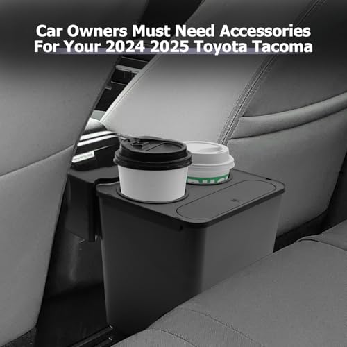 Image of LUWU 2025 2026 Tacoma Trash Can Compatible with 2024 2025 Toyota Tacoma Accessories Trash Bin [with 2 Cup Holders] Extra Rear Storage Box Garbage Cans Trashcan