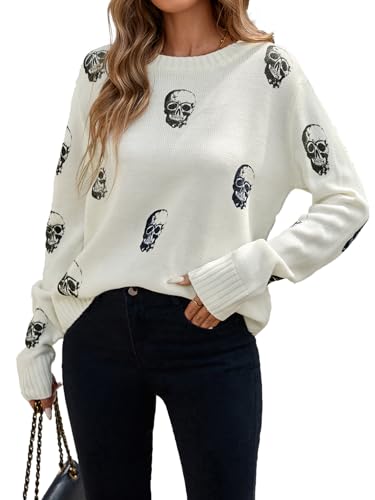 DancingYarns Womens Oversized Crew Neck Ribbed Knit Sweater Winter 2025 Trendy Long Sleeve Halloween Skull Sweaters M White