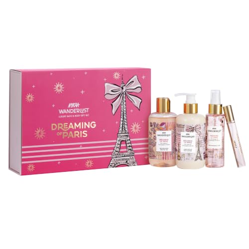 Image of Nykaa Wanderlust Dreaming Of Paris Luxury Bath and Body Care Gift Set Box | Shower Gel, Body Lotion, Body Mist and EDP Perfume | Pack of 4 | For Women | Gifting Kit for Birthday, Anniversary & All Special Occasions | Premium Gift Set