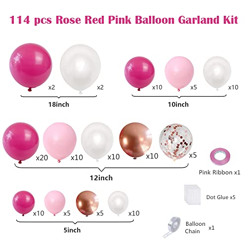 Image of Pink Balloons Arch Kit, 114 Pcs Hot Pink and White Balloons Garland Arch Kit for Baby Shower, Graduation, Wedding, Birthday, Valentine's Party Supplies Decoration