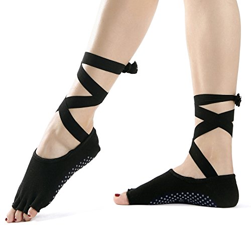 Flyen Yoga Socks - Non Slip Skid Toeless Grip Socks with Silk Ribbon for Women & Girl Black Barre Pilates Exercise Half Toe Low Cut Cotton Ankle Socks