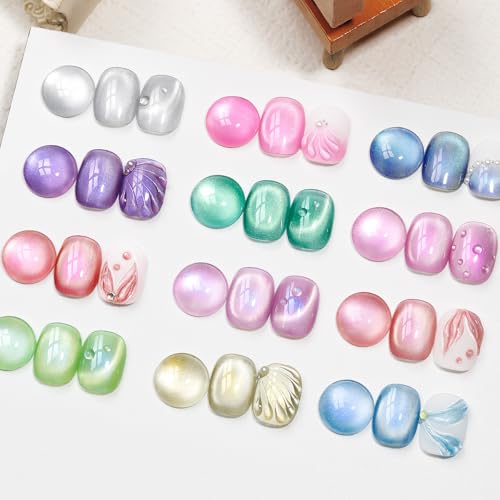 SUPWEE Pearl Mermaid Gel Nail Polish 12 Colors Magnetic Cat Eye Shimmer Glitter Gel Polish Spring Summer Colors Cat Eye Manicure Gift Soak Off Lamp Salon DIY at Home - Image 9