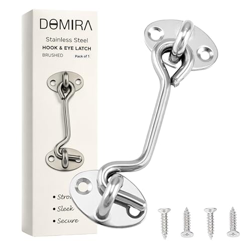 Domira Hook & Eye Latch - Heavy Duty Stainless Steel Door Lock | 3 4 6 8 Inch | Gate Hook and Eye Latch for Doors Sheds Windows Barns Sliding Doors and Wooden Gates (Chrome) (3 Inch)