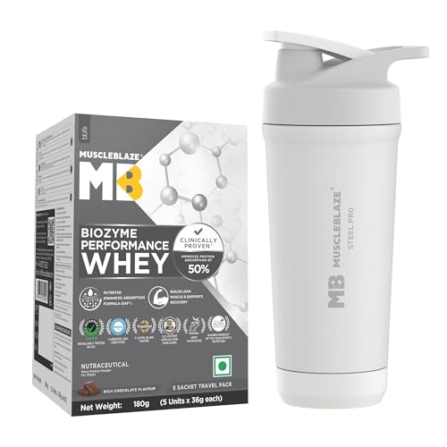 Image of MuscleBlaze Biozyme Performance Whey Protein Powder, Rich Chocolate, 5 Sachets (36g each) | Travel Pack with Stainless Steel Gym Shaker | 25g Protein Per Sachet
