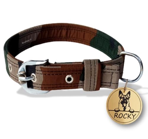Image of Dog Collar Belt with Name tag id Customized for Small Medium Large Dogs Military Army Print Neck Collar with Personalized Dog Name (with Dog Name) (Large Dogs)