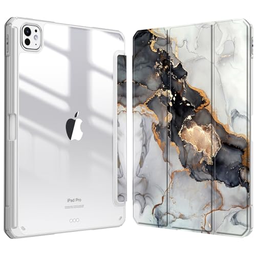Image of Fintie Hybrid Slim Case for iPad Pro 11-inch (M5) 2025 / (M4) 2024 - [Built-in Pencil Holder] Shockproof Protective Cover with Clear Transparent Back Shell, Cloudy Marble