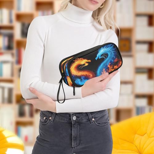 Image of Blue Dragon Fire Dragon Pencil Case 3 Compartment Pen Bag Pouch Holder Box School Portable Stationery Storage Bag for Girls Boys