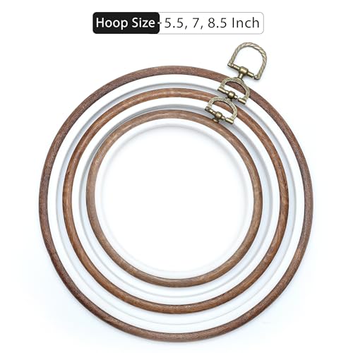 Image of Embroiderymaterial Round Decorative Embroidery Hoop Frame Set | 3 Sizes - 5.5, 7 & 8.5 Inch | Imitation Wood | Antique Brass Screw & Hanging Ring | Cross Stitch Display Frame | Wall Hanging Craft