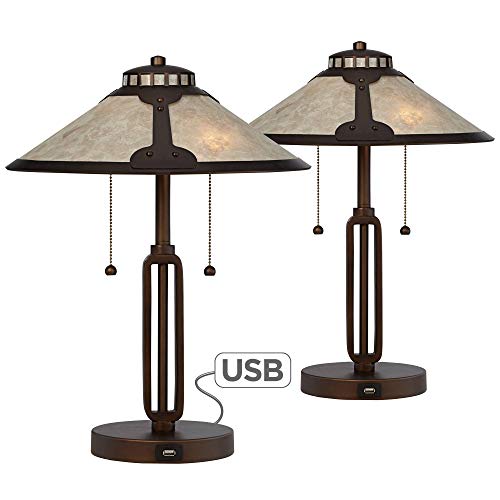 Samuel Mission Rustic Desk Table Lamps Set of 2 with USB Charging Port Industrial Rubbed Bronze Mica Shade for Living Room Bedroom House Bedside Nightstand Home Office Family - Franklin Iron Works
