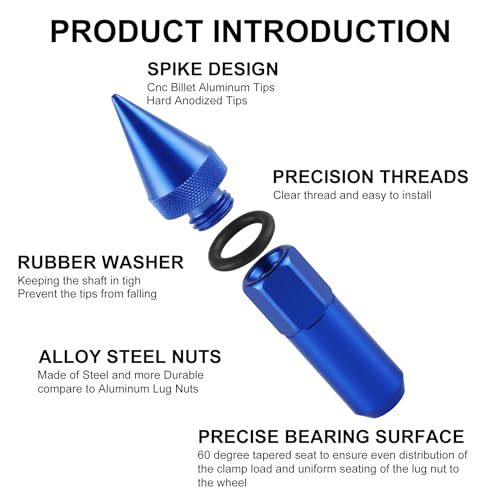 Image of SINGARO 20PCS M12X1.5 Wheel Lug Nuts, Cap Spiked Extended Tuner 60mm Aluminum Wheels Rims Lug Nuts (Blue)