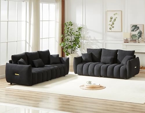 Image of Antetek Teddy Fabric Sofa Set for Living Room, 2 Pieces Modern Deep Seat Oversized 3-Seater Cloud Boucle Couch for Bedroom, Office, Apartment, Furniture Set, 78-inch, Black (2 Pieces)