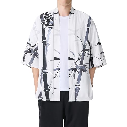 Image of PRIJOUHE Men's Lightweight Kimono Jacket Seven Sleeve Open Front Cardigan Coat Japanese Style Bathrobe