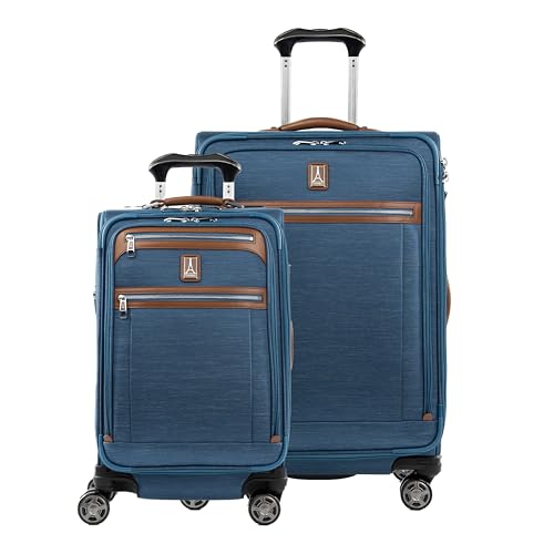 Travelpro Platinum Elite Softside Expandable Luggage 8 Wheel Spinner Suitcase TSA Lock Men and Women Coastal Blue 2-Piece Set (21/25)