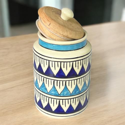 Image of Airtight Ceramic Jars (Pack of 2) - 900ml Each - Wooden Lid - Kitchen Containers for Sugar, Tea, Salt, Pickles, Pulses & More