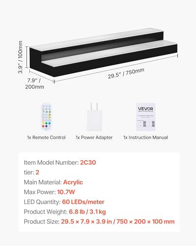 Image of VEVOR LED Lighted Liquor Bottle Display, 2 Tiers 30 inches, Supports USB, Acrylic Illuminated Home Bar Shelf Display with RF Remote & App Control, 9 Static Colors, Timing Mode, for 14-20 Bottles
