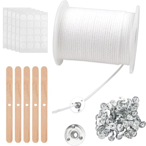Aililong 6100cm Kerzendocht Set: Baumwoll Dochte für Dicke Kerzen, Dochte für Kerzen gießen, Kerzendochte mit 100 Metallbasis Aufkleber, Natürlichen Candle Wick für DIY Kerzenherstellung Weihnachten.