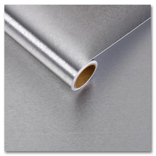 CRE8TIVE Papier Peint Métallique Argent 30 x 200cm Papier Adhesif pour Meuble Cuisine Vinyle Adhesif Texturé Vaisselle Réfrigérateur Rouleau Adhesif pour Meuble Impermeable Salle de Bain Armoire