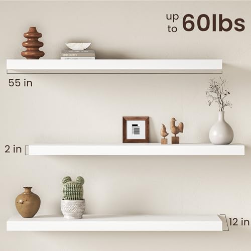 Image of White Floating Shelves 55Inch Long, 12 Inch Deep Floating Shelves for Wall, 55 x 12 Large Floating Shelf for Fireplace Mantel, 2 inch Thicked Rustic Wall Shelves for Living Room, Bedroom Storage, 2 Packs