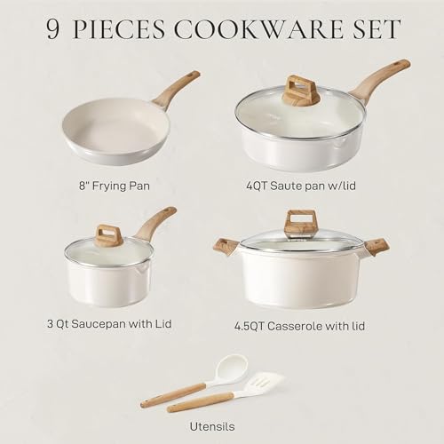 Image of CAROTE Pots and Pans Set Nonstick, White Granite Induction Kitchen Cookware Set, 9 Pcs Non Stick Cooking Set w /Frying Pans & Saucepans