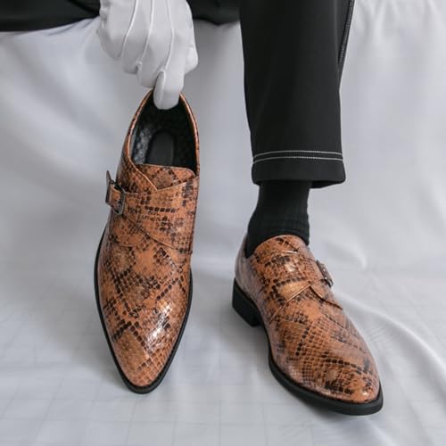 Mens Retro Snakeskin Leather Slip-On Buckle Monk Dress Shoes Pointed Toe Low Chunky Heels Non-Slip Casual Shoes for Formal Business Wedding3