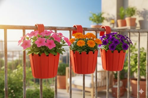 Image of Premium Railing Planter with Hook - Durable Plastic Hanging Flower Pot for Balcony, Fence Design Gamla for Indoor /Outdoor Plants, Herbs & Creepers (Pack of 3) (3, Red)
